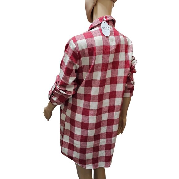 Red & White Plaid Button-Up Shirt Dress With Pockets & Rolled Sleeves By Hotouch - Picture 5 of 13